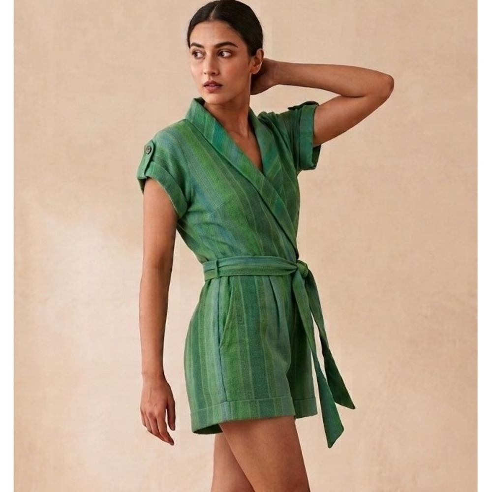 Eva Franco Anthropologie 4 Green Striped Textured Weave Cotton Wrap Romper Boho